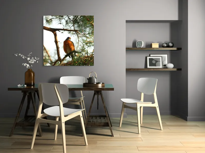 Tablou Canvas, "Păsărea contemplativă printre ramuri verzi", Pasăre, Crengi, Frunziș, Soare, Cer, Verde, Natură, Odihnă, 100 x 100 cm – poza 6