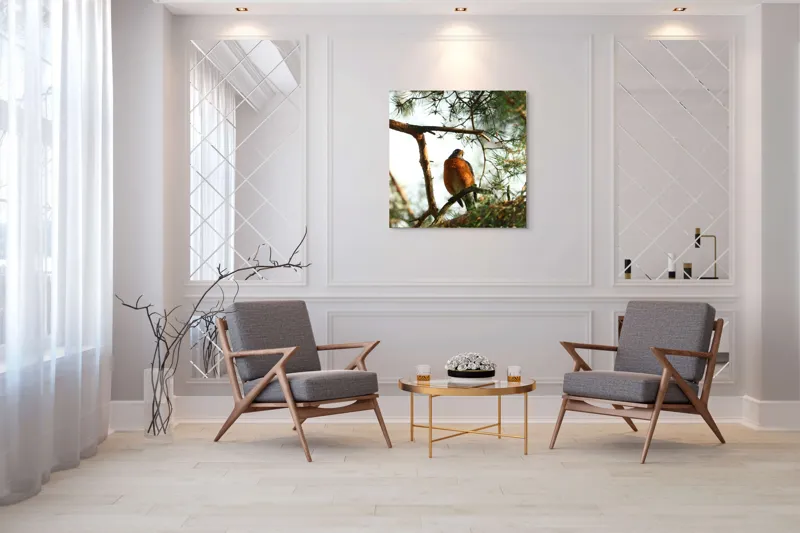 Tablou Canvas, "Păsărea contemplativă printre ramuri verzi", Pasăre, Crengi, Frunziș, Soare, Cer, Verde, Natură, Odihnă, 100 x 100 cm – poza 7