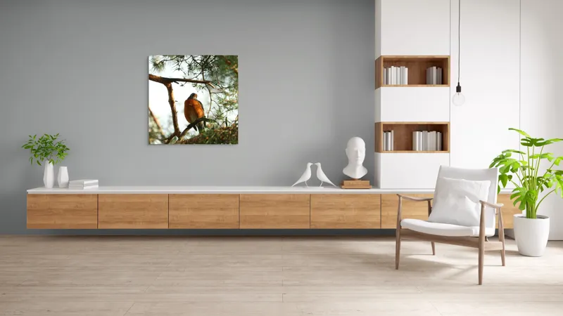 Tablou Canvas, "Păsărea contemplativă printre ramuri verzi", Pasăre, Crengi, Frunziș, Soare, Cer, Verde, Natură, Odihnă, 100 x 100 cm – poza 8