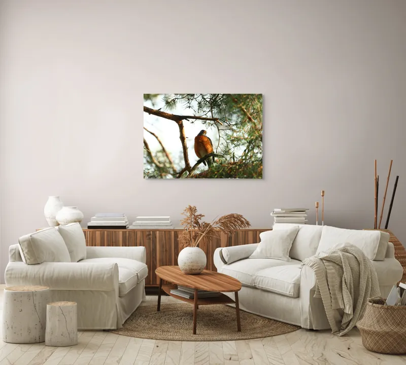 Tablou Canvas, "Păsărea contemplativă printre ramuri verzi", Pasăre, Crengi, Frunziș, Soare, Cer, Verde, Natură, Odihnă, 100 x 70 cm – poza 3