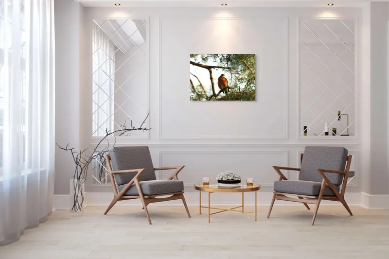 Tablou Canvas, "Păsărea contemplativă printre ramuri verzi", Pasăre, Crengi, Frunziș, Soare, Cer, Verde, Natură, Odihnă, 100 x 70 cm – poza 5