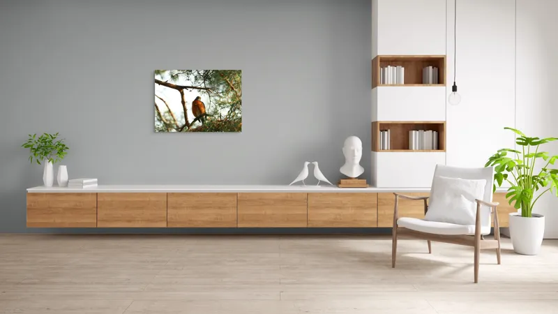 Tablou Canvas, "Păsărea contemplativă printre ramuri verzi", Pasăre, Crengi, Frunziș, Soare, Cer, Verde, Natură, Odihnă, 100 x 70 cm – poza 6