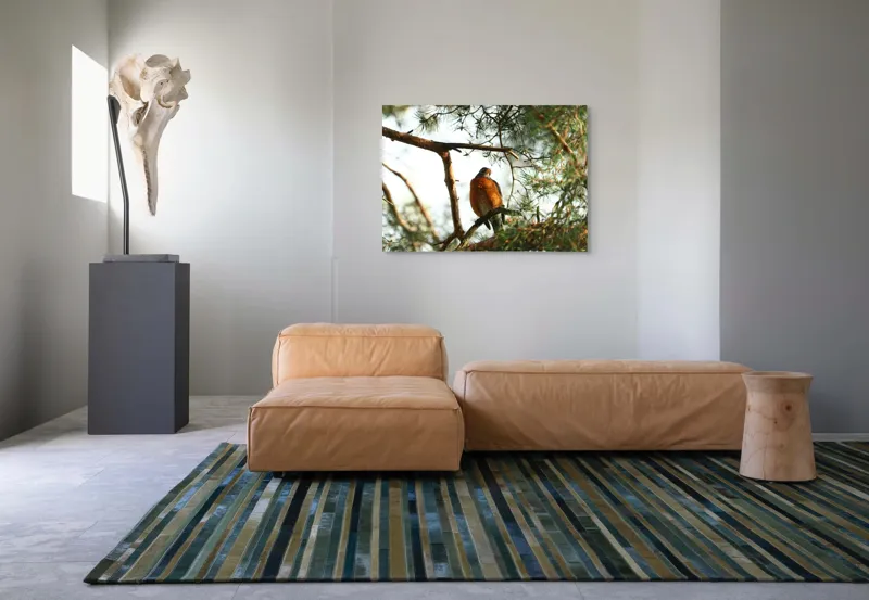 Tablou Canvas, "Păsărea contemplativă printre ramuri verzi", Pasăre, Crengi, Frunziș, Soare, Cer, Verde, Natură, Odihnă, 100 x 70 cm – poza 7