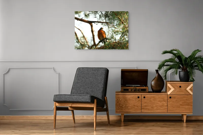 Tablou Canvas, "Păsărea contemplativă printre ramuri verzi", Pasăre, Crengi, Frunziș, Soare, Cer, Verde, Natură, Odihnă, 100 x 70 cm – poza 8