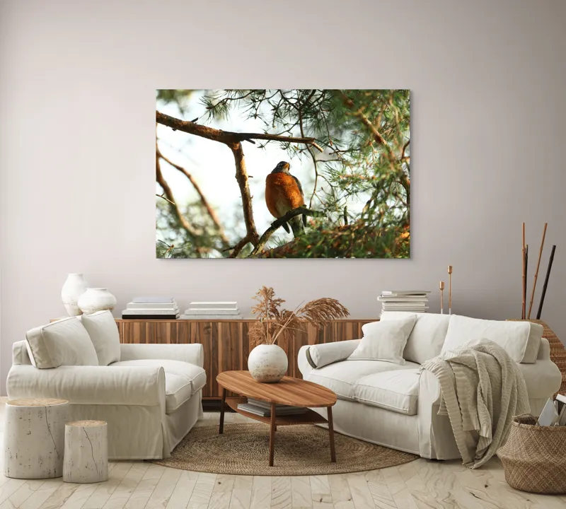 Tablou Canvas, "Păsărea contemplativă printre ramuri verzi", Pasăre, Crengi, Frunziș, Soare, Cer, Verde, Natură, Odihnă, 150 x 100 cm – poza 3