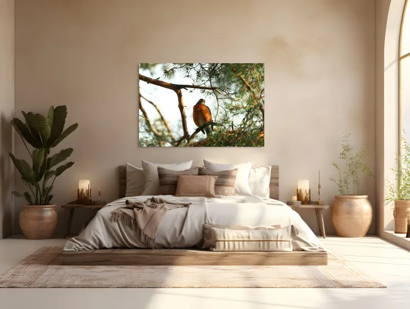 Tablou Canvas, "Păsărea contemplativă printre ramuri verzi", Pasăre, Crengi, Frunziș, Soare, Cer, Verde, Natură, Odihnă, 150 x 100 cm – poza 4