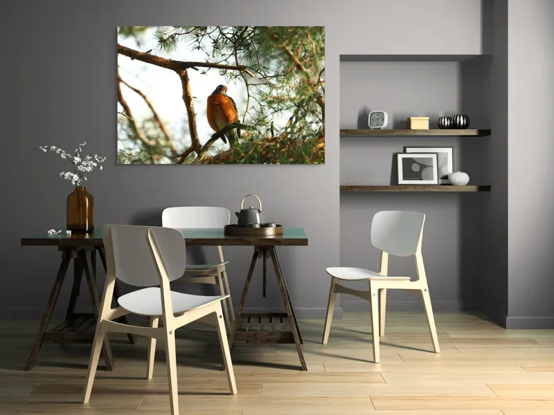 Tablou Canvas, "Păsărea contemplativă printre ramuri verzi", Pasăre, Crengi, Frunziș, Soare, Cer, Verde, Natură, Odihnă, 150 x 100 cm – poza 5