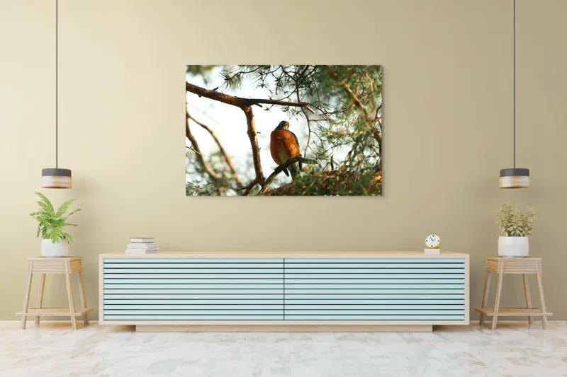 Tablou Canvas, "Păsărea contemplativă printre ramuri verzi", Pasăre, Crengi, Frunziș, Soare, Cer, Verde, Natură, Odihnă, 150 x 100 cm – poza 6