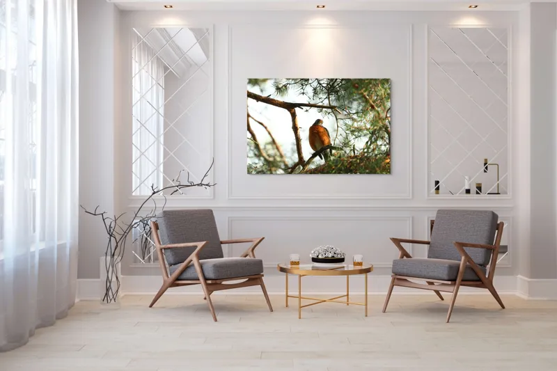 Tablou Canvas, "Păsărea contemplativă printre ramuri verzi", Pasăre, Crengi, Frunziș, Soare, Cer, Verde, Natură, Odihnă, 150 x 100 cm – poza 7