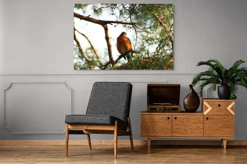 Tablou Canvas, "Păsărea contemplativă printre ramuri verzi", Pasăre, Crengi, Frunziș, Soare, Cer, Verde, Natură, Odihnă, 150 x 100 cm – poza 8