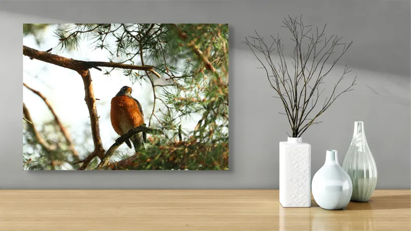 Tablou Canvas, "Păsărea contemplativă printre ramuri verzi", Pasăre, Crengi, Frunziș, Soare, Cer, Verde, Natură, Odihnă, 70 x 50 cm – poza 3
