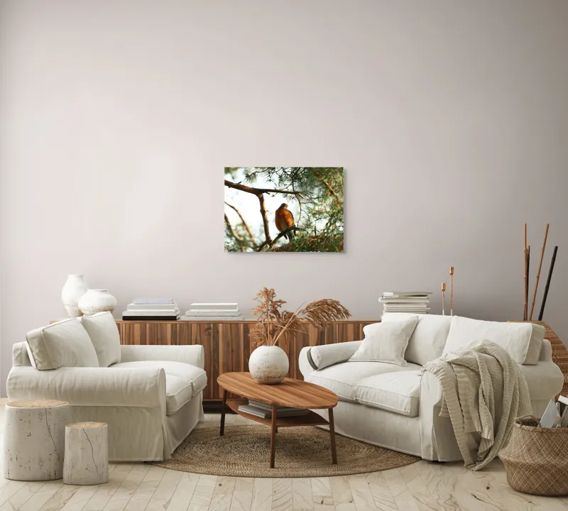 Tablou Canvas, "Păsărea contemplativă printre ramuri verzi", Pasăre, Crengi, Frunziș, Soare, Cer, Verde, Natură, Odihnă, 70 x 50 cm – poza 6