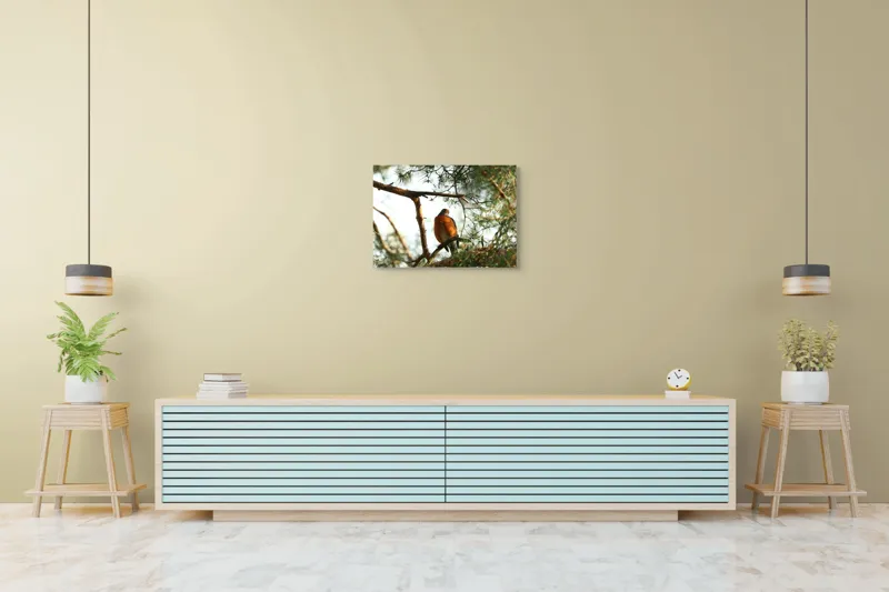 Tablou Canvas, "Păsărea contemplativă printre ramuri verzi", Pasăre, Crengi, Frunziș, Soare, Cer, Verde, Natură, Odihnă, 70 x 50 cm – poza 7