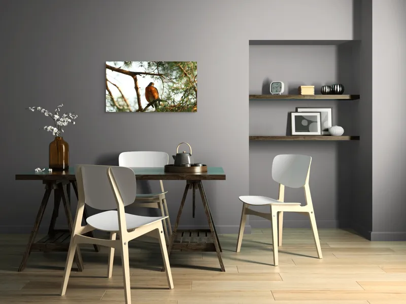 Tablou Canvas, "Păsărea contemplativă printre ramuri verzi", Pasăre, Crengi, Frunziș, Soare, Cer, Verde, Natură, Odihnă, 90 x 50 cm – poza 3