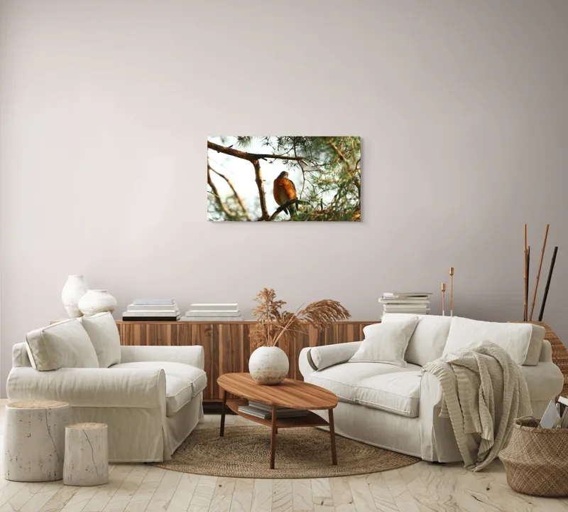 Tablou Canvas, "Păsărea contemplativă printre ramuri verzi", Pasăre, Crengi, Frunziș, Soare, Cer, Verde, Natură, Odihnă, 90 x 50 cm – poza 4