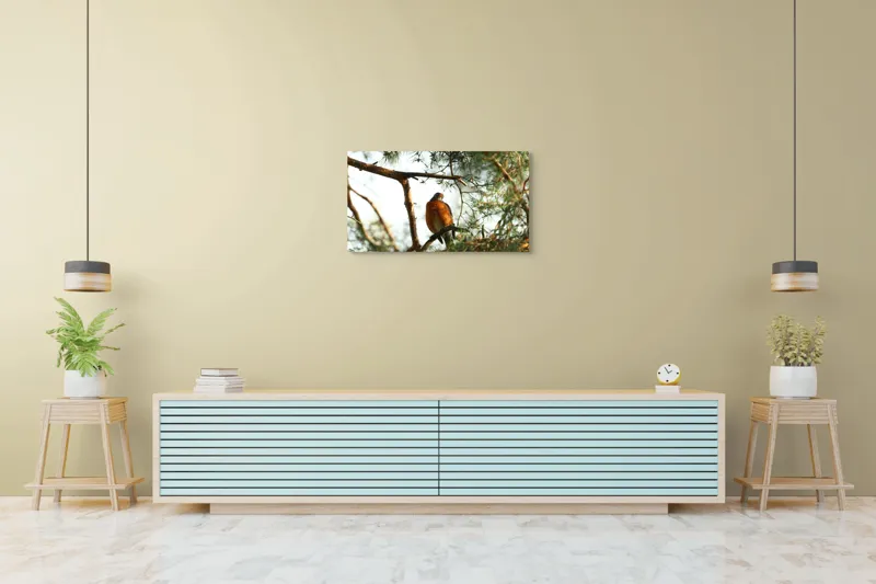 Tablou Canvas, "Păsărea contemplativă printre ramuri verzi", Pasăre, Crengi, Frunziș, Soare, Cer, Verde, Natură, Odihnă, 90 x 50 cm – poza 5