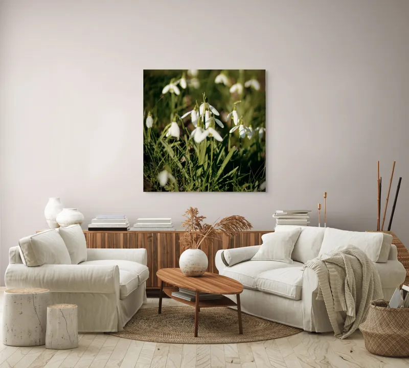 Tablou Canvas, "Vestitorii primăverii în lumina blândă", Flori, Gingășie, Primăvară, Alb, Natură, Verde, Delicatețe, Prospețime, Pădure, Răcoare, 100 x 100 cm – poza 3