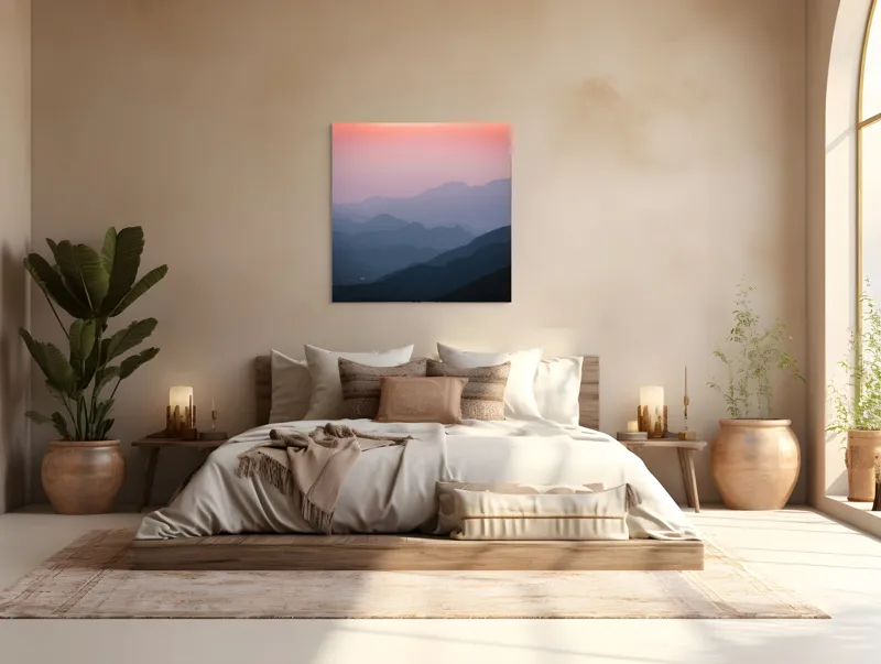 Tablou Canvas, "Lumina dimineții peste munți tăcuți", Serenitate, Mister, Apus, Munți, Siluetă, Calm, Infinit, Vârfuri, Culoare, Umbre, 100 x 100 cm – poza 4