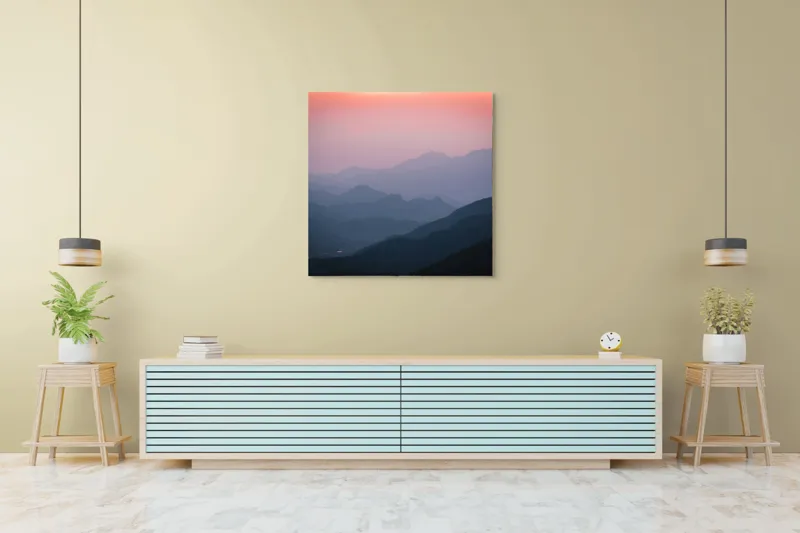 Tablou Canvas, "Lumina dimineții peste munți tăcuți", Serenitate, Mister, Apus, Munți, Siluetă, Calm, Infinit, Vârfuri, Culoare, Umbre, 100 x 100 cm – poza 5