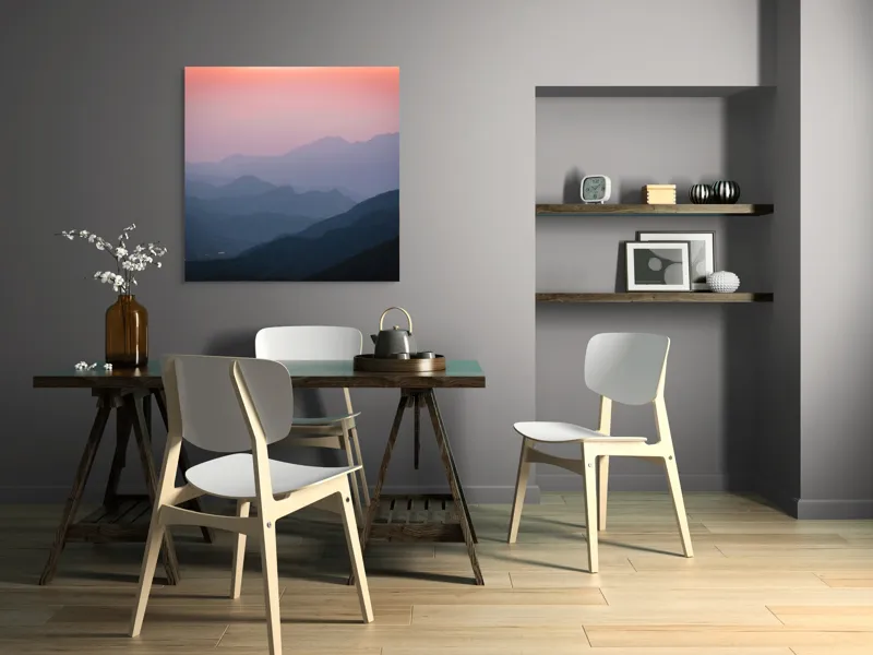 Tablou Canvas, "Lumina dimineții peste munți tăcuți", Serenitate, Mister, Apus, Munți, Siluetă, Calm, Infinit, Vârfuri, Culoare, Umbre, 100 x 100 cm – poza 6