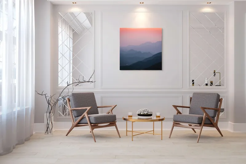 Tablou Canvas, "Lumina dimineții peste munți tăcuți", Serenitate, Mister, Apus, Munți, Siluetă, Calm, Infinit, Vârfuri, Culoare, Umbre, 100 x 100 cm – poza 7