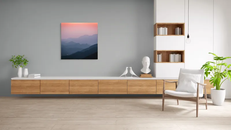 Tablou Canvas, "Lumina dimineții peste munți tăcuți", Serenitate, Mister, Apus, Munți, Siluetă, Calm, Infinit, Vârfuri, Culoare, Umbre, 100 x 100 cm – poza 8