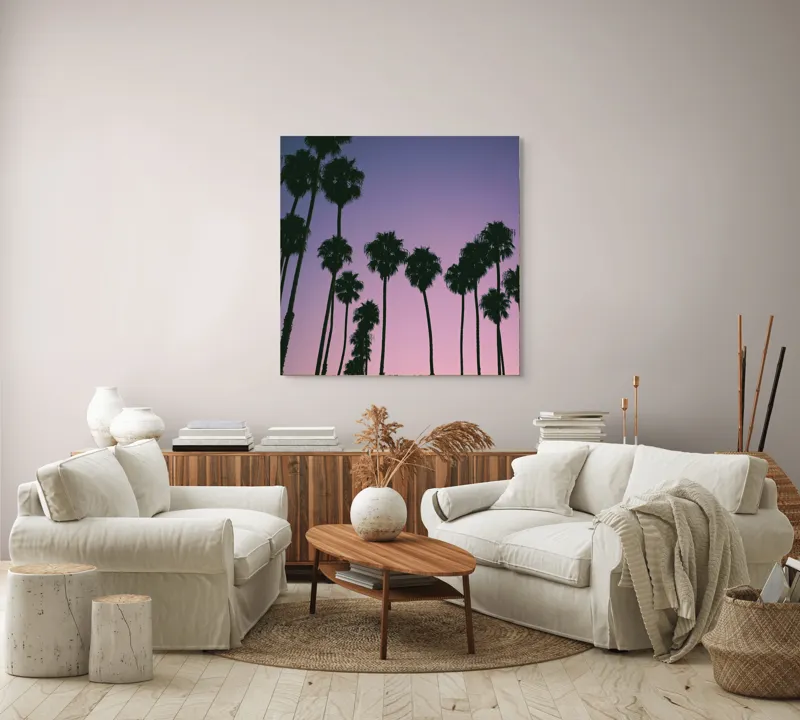 Tablou Canvas, "Apus cu palmieri sub cer radiant", Palmieri, Apus, Cer, Siluete, Violete, Tufele, Tropical, Calatorie, Peisaj, Relaxare, 100 x 100 cm – poza 3