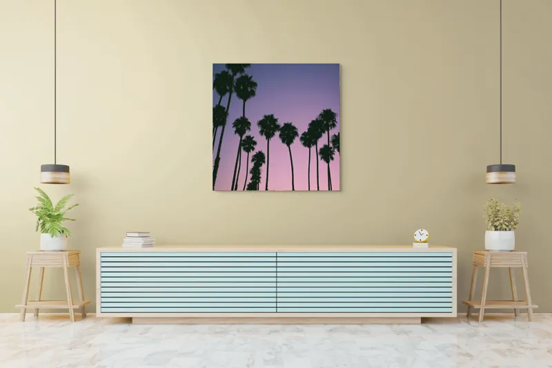 Tablou Canvas, "Apus cu palmieri sub cer radiant", Palmieri, Apus, Cer, Siluete, Violete, Tufele, Tropical, Calatorie, Peisaj, Relaxare, 100 x 100 cm – poza 5