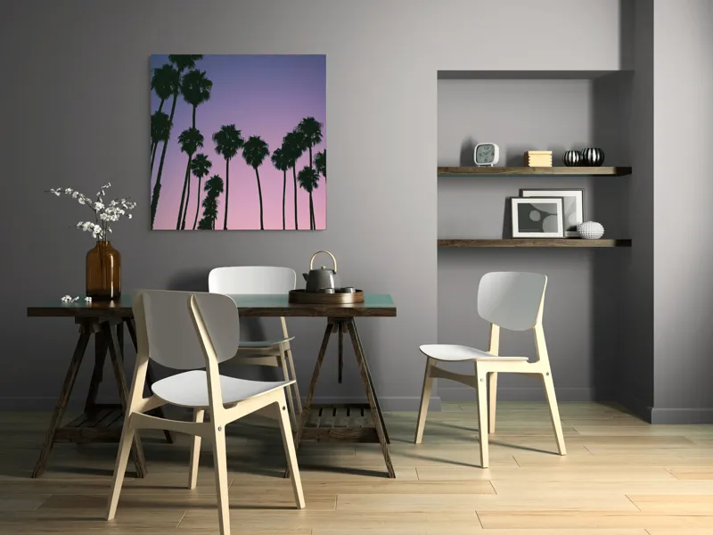 Tablou Canvas, "Apus cu palmieri sub cer radiant", Palmieri, Apus, Cer, Siluete, Violete, Tufele, Tropical, Calatorie, Peisaj, Relaxare, 100 x 100 cm – poza 6