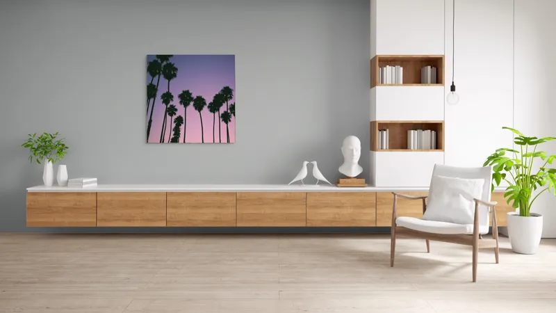 Tablou Canvas, "Apus cu palmieri sub cer radiant", Palmieri, Apus, Cer, Siluete, Violete, Tufele, Tropical, Calatorie, Peisaj, Relaxare, 100 x 100 cm – poza 8