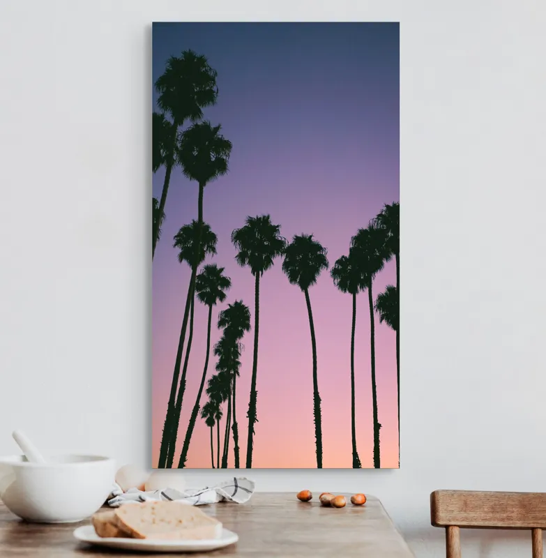 Tablou Canvas, "Apus cu palmieri sub cer radiant", Palmieri, Apus, Cer, Siluete, Violete, Tufele, Tropical, Calatorie, Peisaj, Relaxare, 50 x 90 cm – poza 3