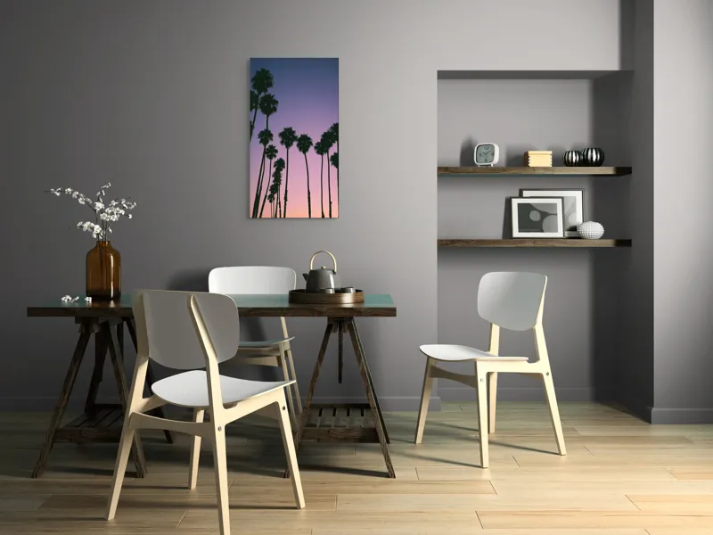 Tablou Canvas, "Apus cu palmieri sub cer radiant", Palmieri, Apus, Cer, Siluete, Violete, Tufele, Tropical, Calatorie, Peisaj, Relaxare, 50 x 90 cm – poza 4