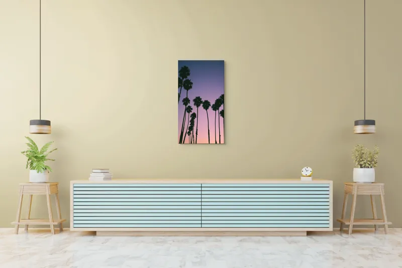 Tablou Canvas, "Apus cu palmieri sub cer radiant", Palmieri, Apus, Cer, Siluete, Violete, Tufele, Tropical, Calatorie, Peisaj, Relaxare, 50 x 90 cm – poza 6