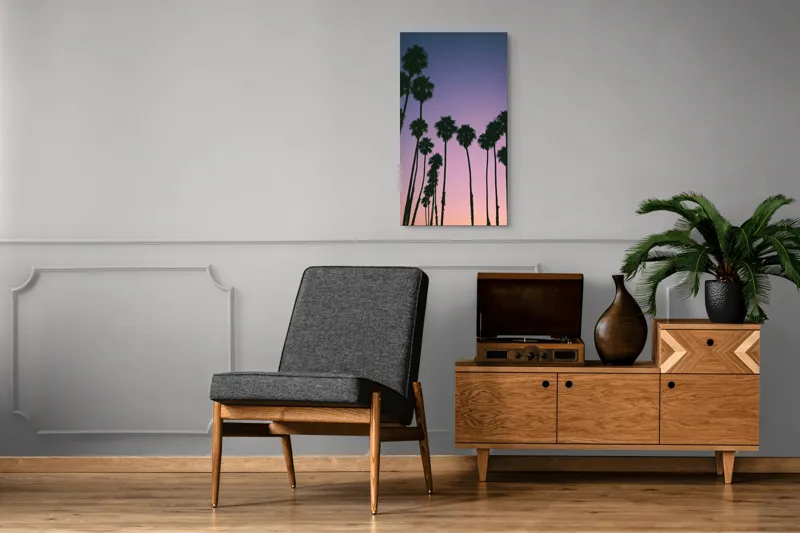 Tablou Canvas, "Apus cu palmieri sub cer radiant", Palmieri, Apus, Cer, Siluete, Violete, Tufele, Tropical, Calatorie, Peisaj, Relaxare, 50 x 90 cm – poza 8