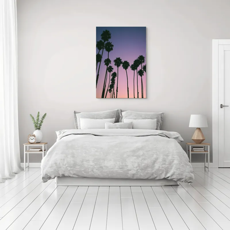Tablou Canvas, "Apus cu palmieri sub cer radiant", Palmieri, Apus, Cer, Siluete, Violete, Tufele, Tropical, Calatorie, Peisaj, Relaxare, 70 x 100 cm – poza 3