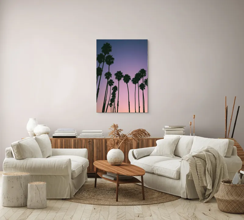 Tablou Canvas, "Apus cu palmieri sub cer radiant", Palmieri, Apus, Cer, Siluete, Violete, Tufele, Tropical, Calatorie, Peisaj, Relaxare, 70 x 100 cm – poza 4