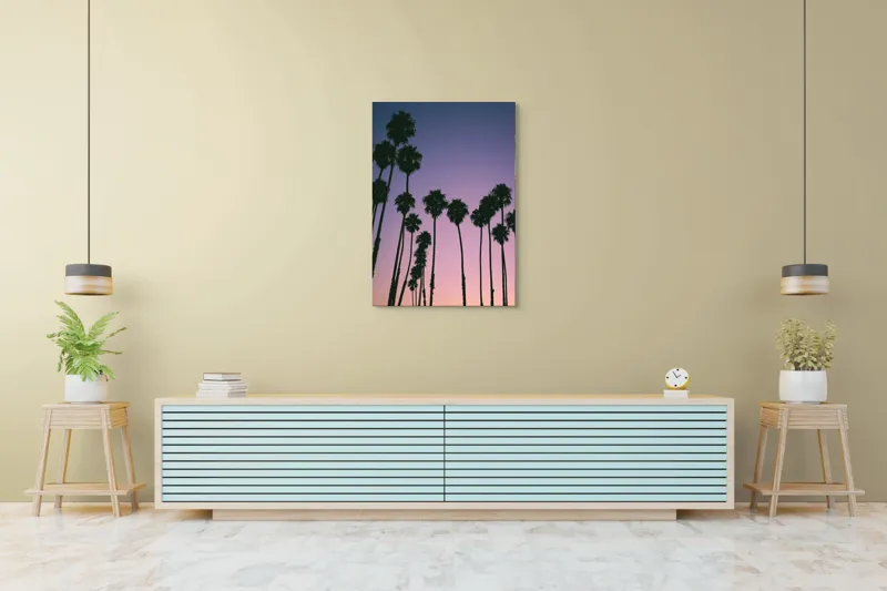 Tablou Canvas, "Apus cu palmieri sub cer radiant", Palmieri, Apus, Cer, Siluete, Violete, Tufele, Tropical, Calatorie, Peisaj, Relaxare, 70 x 100 cm – poza 5