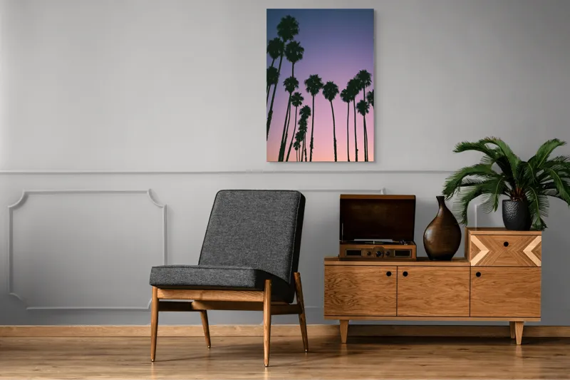 Tablou Canvas, "Apus cu palmieri sub cer radiant", Palmieri, Apus, Cer, Siluete, Violete, Tufele, Tropical, Calatorie, Peisaj, Relaxare, 70 x 100 cm – poza 6