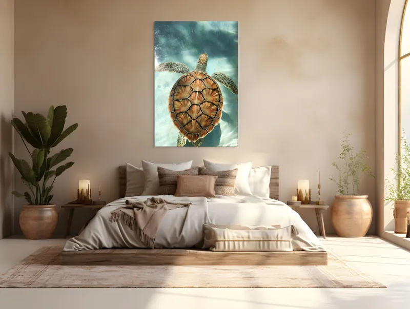 Tablou Canvas, "Broasca țestoasă înotând grațios în apă", Broască, Țestoasă, Apă, Claritate, Reflexie, Culoare, Natură, Serenitate, 100 x 150 cm – poza 3