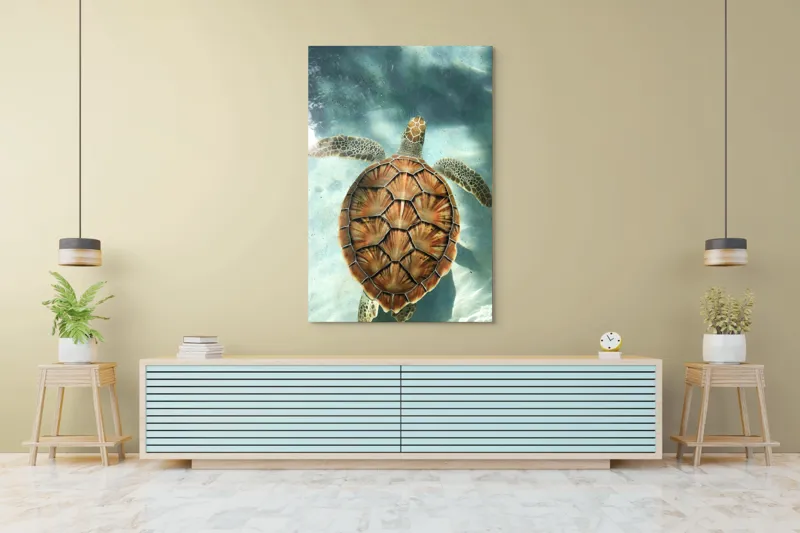 Tablou Canvas, "Broasca țestoasă înotând grațios în apă", Broască, Țestoasă, Apă, Claritate, Reflexie, Culoare, Natură, Serenitate, 100 x 150 cm – poza 4