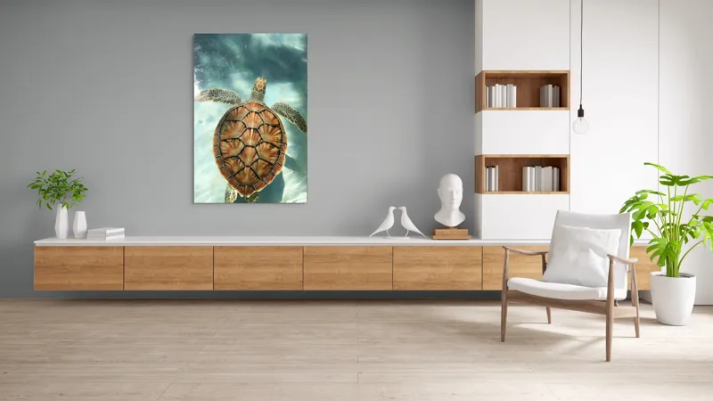 Tablou Canvas, "Broasca țestoasă înotând grațios în apă", Broască, Țestoasă, Apă, Claritate, Reflexie, Culoare, Natură, Serenitate, 100 x 150 cm – poza 8