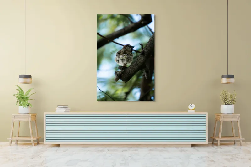Tablou Canvas, "Vrăbiuța printre crengi verzi", Pasăre, Ramură, Frunze, Cer, Natură, Bokeh, 100 x 150 cm – poza 4
