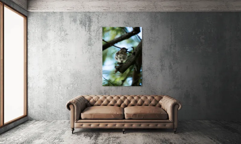 Tablou Canvas, "Vrăbiuța printre crengi verzi", Pasăre, Ramură, Frunze, Cer, Natură, Bokeh, 100 x 150 cm – poza 6