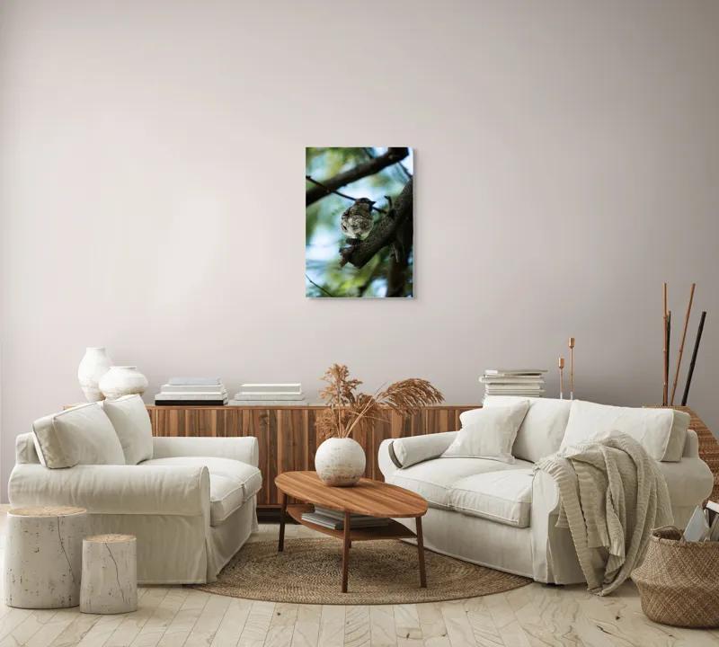Tablou Canvas, "Vrăbiuța printre crengi verzi", Pasăre, Ramură, Frunze, Cer, Natură, Bokeh, 50 x 70 cm – poza 4