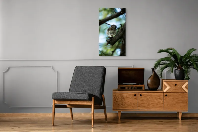 Tablou Canvas, "Vrăbiuța printre crengi verzi", Pasăre, Ramură, Frunze, Cer, Natură, Bokeh, 50 x 90 cm – poza 8