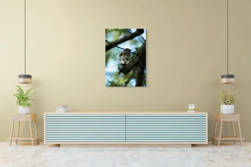 Tablou Canvas, "Vrăbiuța printre crengi verzi", Pasăre, Ramură, Frunze, Cer, Natură, Bokeh, 70 x 100 cm – poza 5