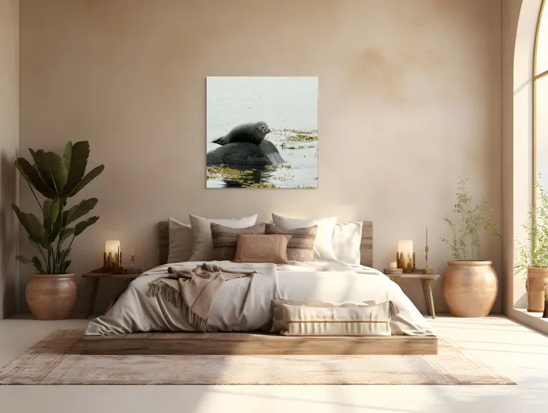 Tablou Canvas, "Foca odihnindu-se pe stâncă мокрая", Focă, Piatră, Apă, Alge, Cer, Ocean, Natură, Relaxează, Observă, Odihnă, 100 x 100 cm – poza 4
