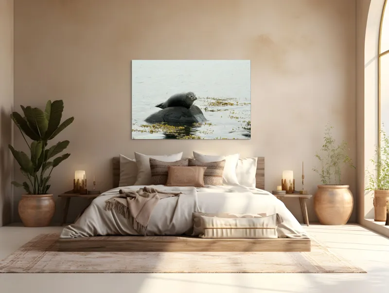 Tablou Canvas, "Foca odihnindu-se pe stâncă мокрая", Focă, Piatră, Apă, Alge, Cer, Ocean, Natură, Relaxează, Observă, Odihnă, 150 x 100 cm – poza 4