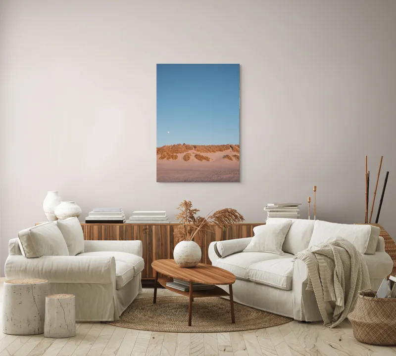 Tablou Canvas, "Dune de nisip sub clar de lună", Lună, Dune, Cer, Nisip, Orizont, Vegetație, Apus, Tranquilitate, 70 x 100 cm – poza 4