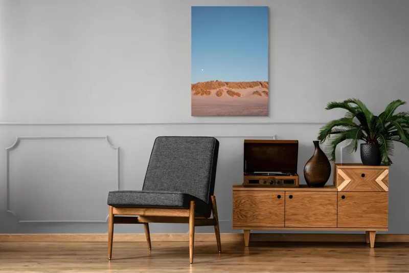 Tablou Canvas, "Dune de nisip sub clar de lună", Lună, Dune, Cer, Nisip, Orizont, Vegetație, Apus, Tranquilitate, 70 x 100 cm – poza 6